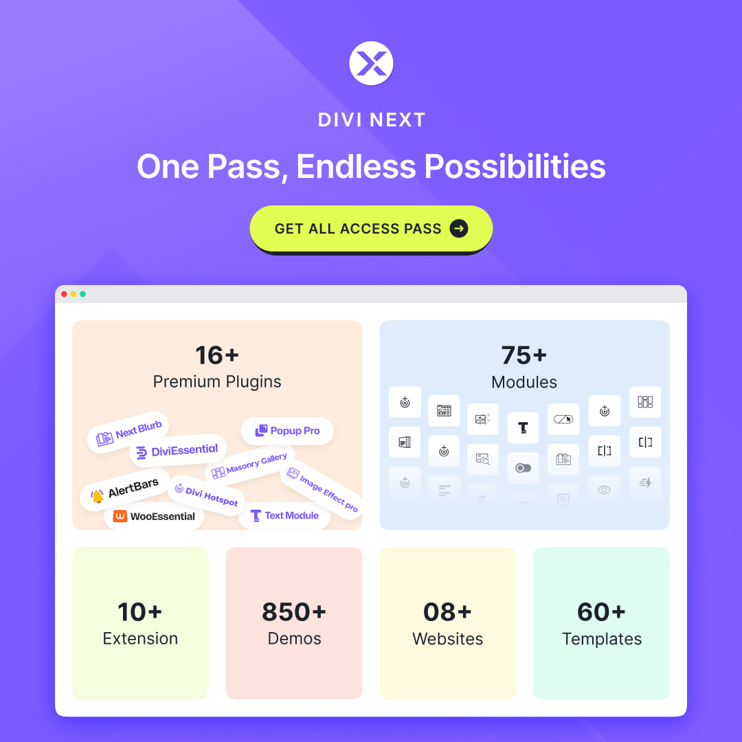 divi_next's tweet image. One Pass. Endless Possibilities. 🚀

16+ Plugins, 75+ Modules, 850+ Demos &amp;amp; 60+ Templates—everything to build stunning websites in one pass!

👉 Get All Access Pass: divinext.com/downloads/all-…

#DiviNext #AllAccessPass #DiviBuilder #WordPress #WebDesign