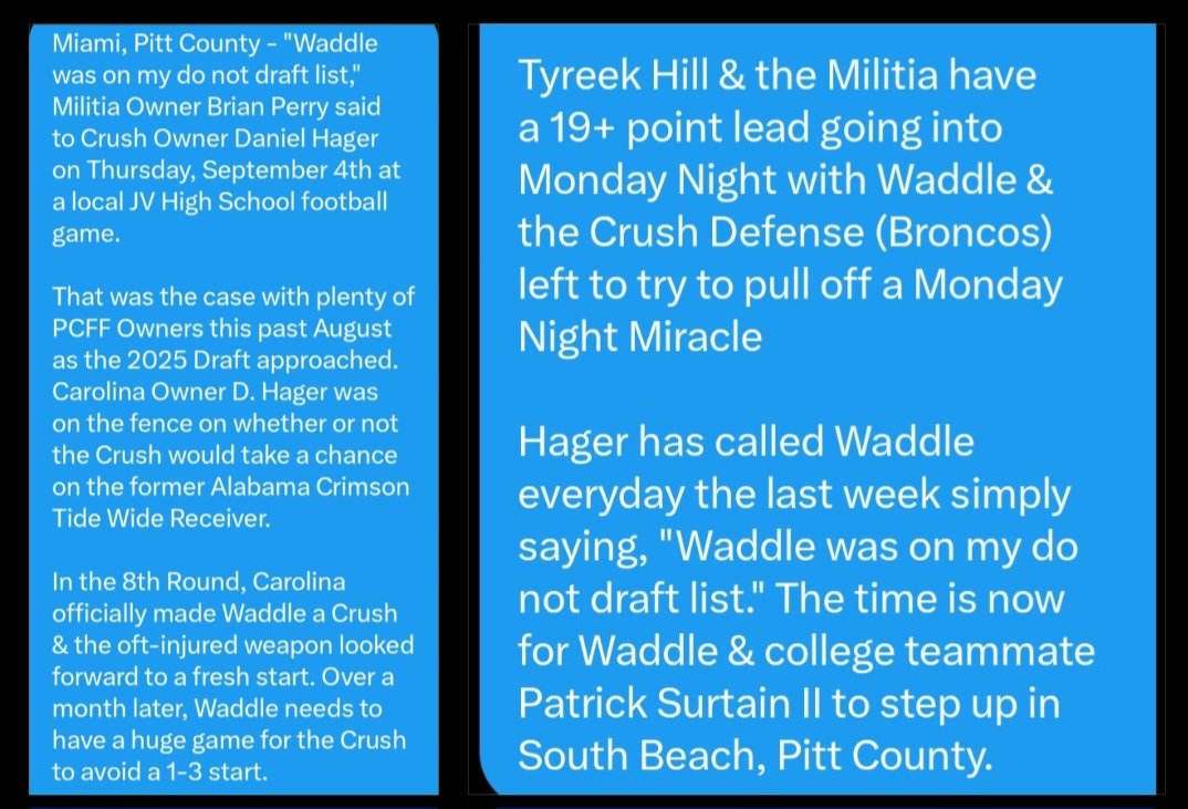 thePCFF2000's tweet photo. @BrianPe25331618 @DeezHager Miami, Carolina MNF Update (Opportunity Knocks for Crush's Waddle) #PCFF https://t.co/qrvI42Vsdh