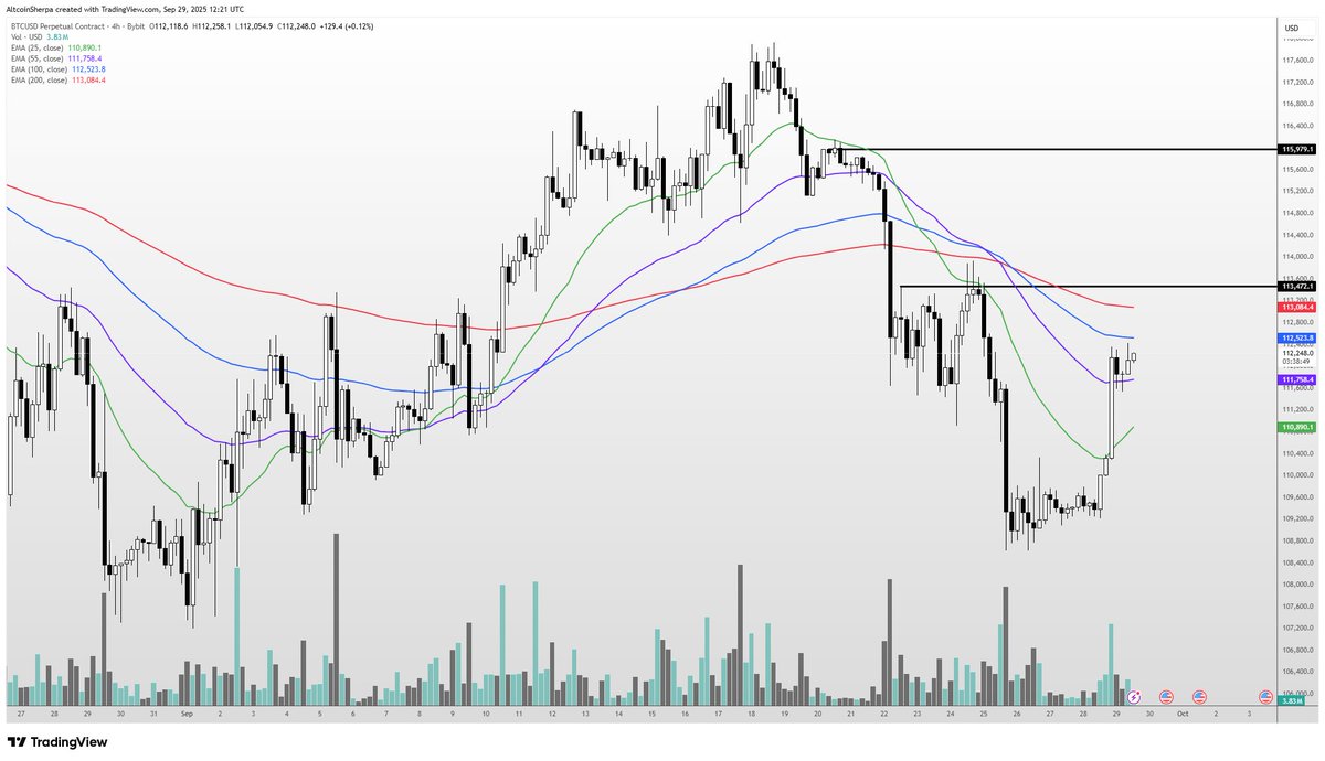A candlestick chart displaying Bitcoin price movements over time. Multiple colored lines, including red, blue, and black, overlay the chart, indicating technical indicators. Horizontal lines mark price levels at 113k and 116k. A volume histogram is visible at the bottom, showing trading activity with green and red bars.