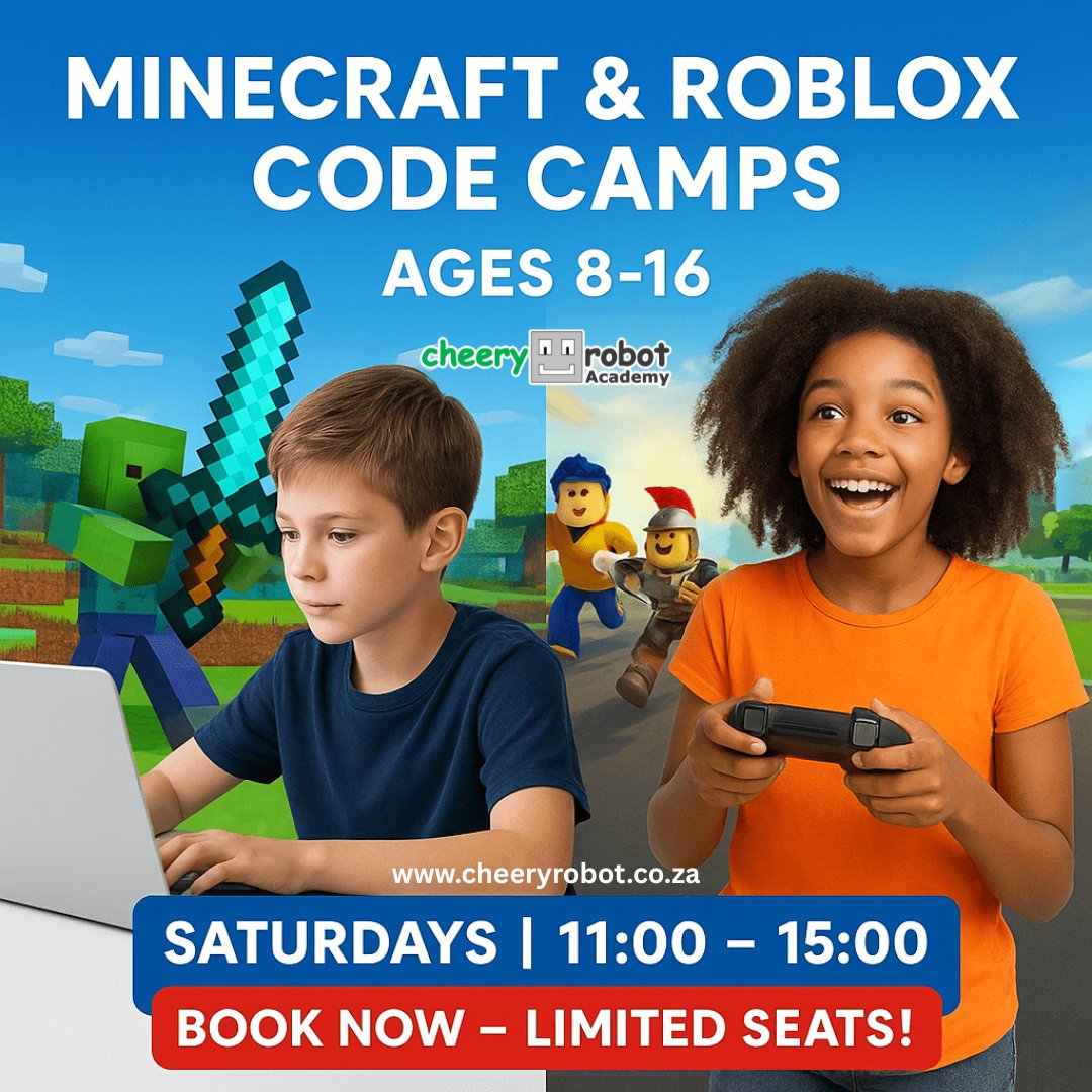 cheery_robot's tweet image. ๐ Unlock Your Childโs Coding Superpowers! ๐
Minecraft & Roblox Online Camps | Ages 8โ16
๐
OctโDec, Saturdays | R690
๐ Book now: cheeryrobot.co.za/programs/camps
#FutureCoders #CheeryRobot