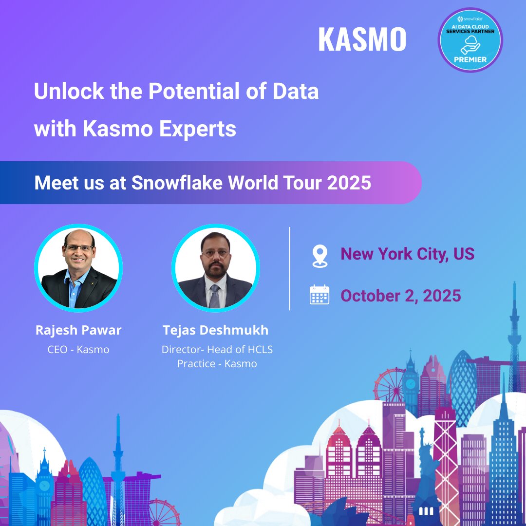 Kasmodigital's tweet photo. Kasmo is thrilled to join #SWT25 - New York!
Meet our leaders, Rajesh Pawar and Tejas V. Deshmukh, and explore how AI-driven insights and data modernization fuel enterprise growth.
Register Now: https://t.co/M94bOax6vu
#SWT2025 #snowflake #Kasmo #NewYork #Data #AI https://t.co/3nGcN1QQdi
