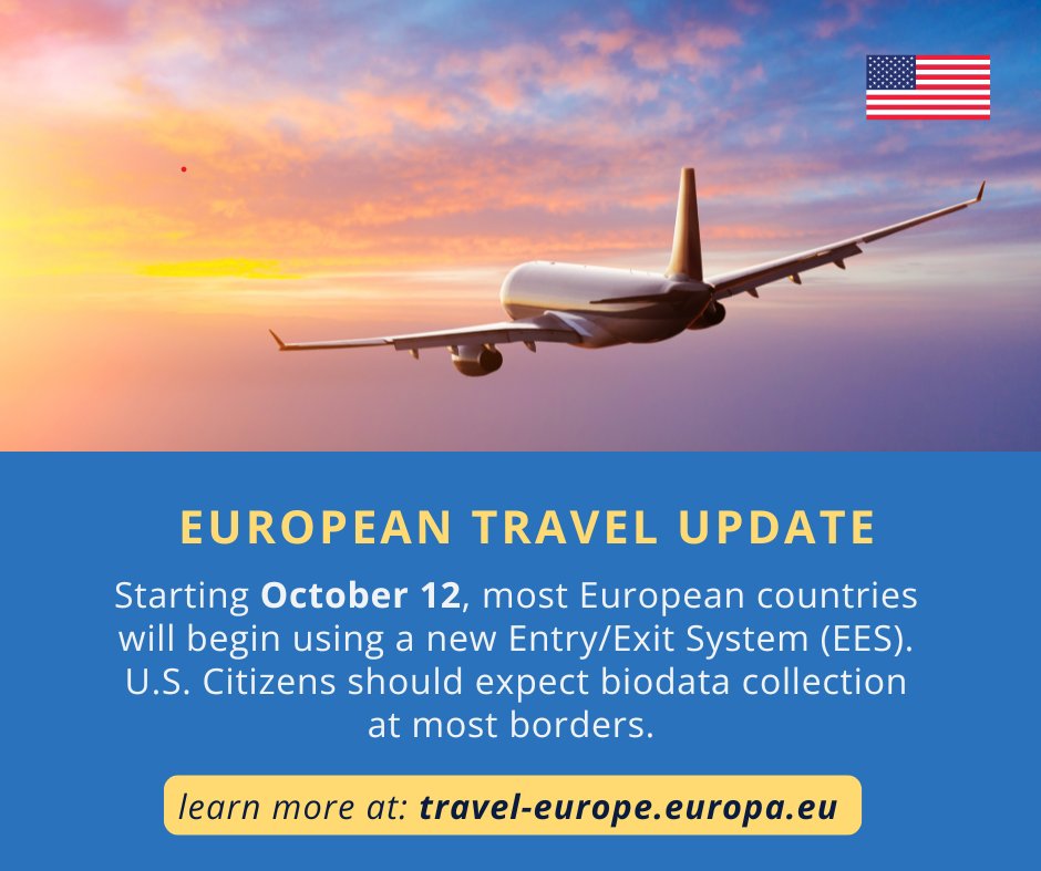 U.S. Embassy Vienna (@usembvienna) on Twitter photo ⚠️🛂🇺🇸 Attention U.S. citizens! Starting October 12, the European Union is rolling out a new automated Entry/Exit System (EES). U.S. citizens traveling to most European countries should expect new automated border checks and to have their biodata digitally collected upon arrival ⚠️🛂🇺🇸 Attention U.S. citizens! Starting October 12, the European Union is rolling out a new automated Entry/Exit System (EES). U.S. citizens traveling to most European countries should expect new automated border checks and to have their biodata digitally collected upon arrival
