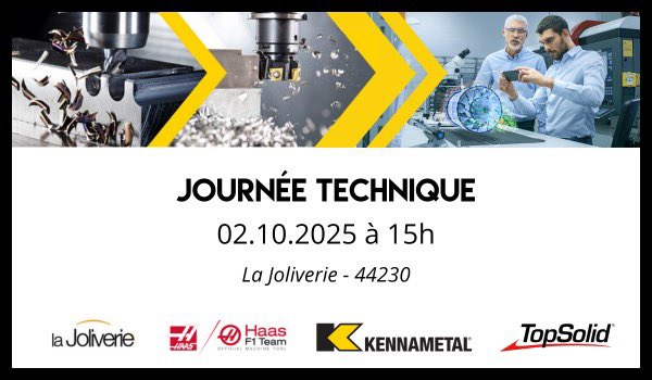 ⏳ J-4 avant notre #JournéeTechnique !
📅 2 oct. – 15h00
📍 La Joliverie – Saint-Sébastien-sur-Loire
🔧 #Usinage en live, Innovations, Échanges &amp; buffet
Coorganisé par Kennametal, TopSolid, Haas &amp; La Joliverie.
Inscription gratuite 👉 hubs.la/Q03Kgvkd0
#Industrie40 #CNC