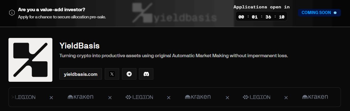 Cryptorator's tweet image. The first project on @legiondotcc backed by Kraken -@yieldbasis, from the founder of @CurveFinance. In short: an AMM solving impermanent loss in DeFi.
- applications open in 1h,
- presale in 2 days
- 200M FDV, 100% unlocked at TGE
I’ll be applying and trying to get in 👀