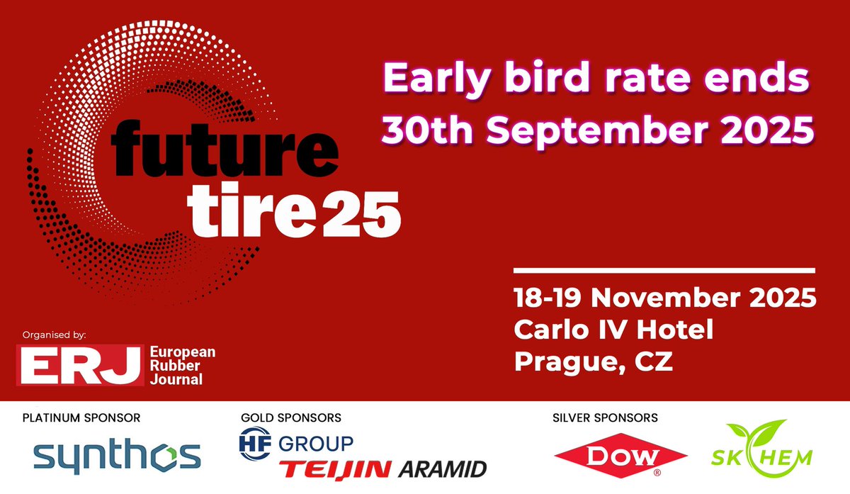 Join us in #Prague 18-19 Nov for #FutureTire2025 as we explore the strategic, regulatory &amp; technological shifts shaping the future of #tires, #materials and #manufacturing.  Early-bird rates till 30 Sept. Programme at futuretireconference.com
#FTC2025 #TireIndustry #RubberIndustry