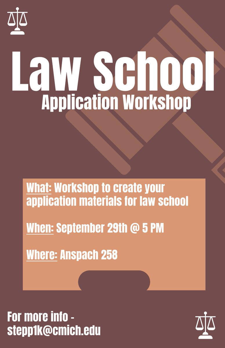 Please join us for our Law School Application Workshop
TONIGHT (September 29th) at 5:00 PM, CMU Anspach Hall 258. If you have any questions, please contact Dr. Kyla Stepp, stepp1k@cmich.edu.