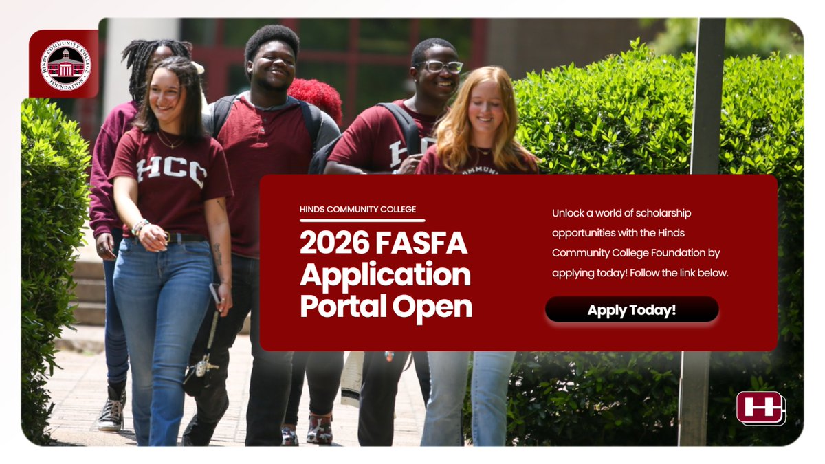 Unlock a world of possibilities at <a href="/HindsCC/">Hinds Community College</a> by completing your 2026-27 FAFSA application! The Free Application for Federal Student Aid is now open. Apply today at the link below. #AllInForHinds #BuildUpMS 

Link: studentaid.gov/h/apply-for-ai…