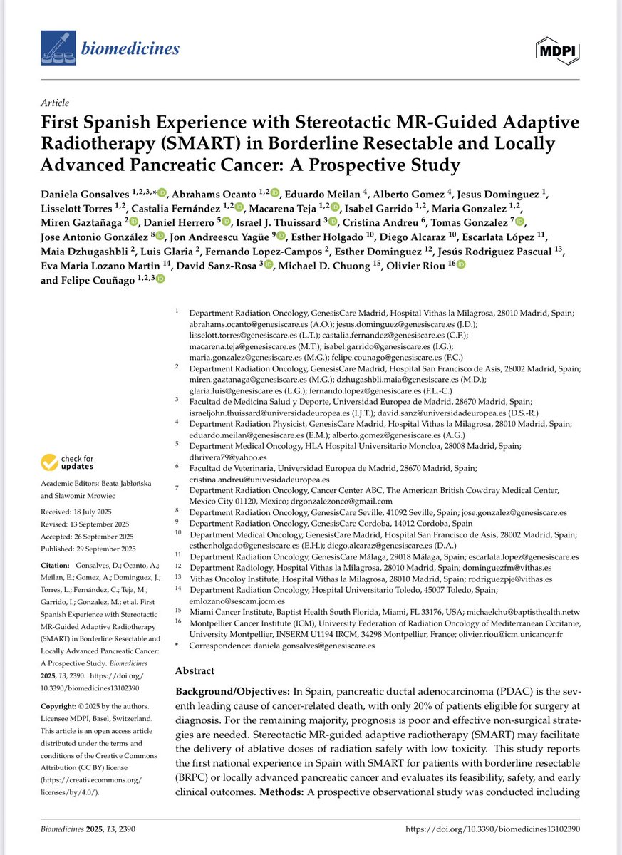 🇪🇸First Spanish prospective study on MR-Linac in pancreatic cancer !

✅ 28 pts BRPC/LAPC, SMART 5×(40–50 Gy), 100% daily adaptation
✅ 0% ≥G3 tox
✅ LC 89%@6m, OS 74%@12m, PFS median 11.5m

👏 Congrats <a href="/GenesisCareES/">GenesisCare España</a> team &amp; esp. Daniela 🎓—final step of her PhD! ❤️