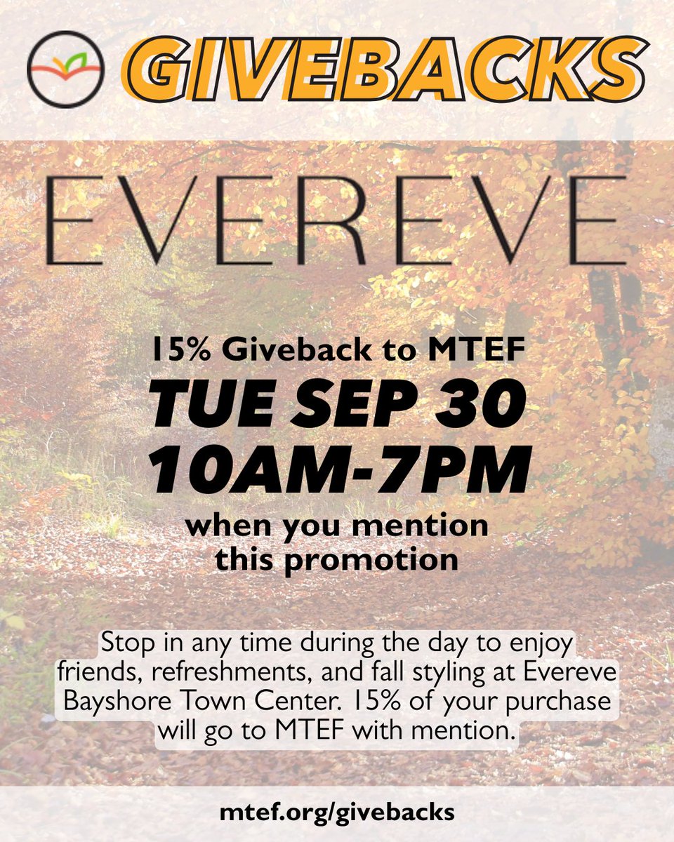 MTEFtweet's tweet photo. Tomorrow's the day! Update your fall wardrobe while enjoying refreshments and styling with friends and supporting excellence in education at MTSD. #mtefgivebacks
Thank you, @evereveofficial  Bayshore! https://t.co/AH3jZd6PoW