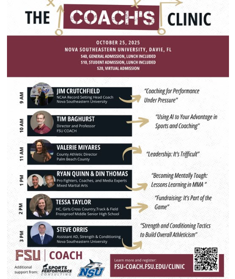Jake von Scherrer, CMAA The Educational AD Podcast (@jakestouchdown) on Twitter photo Looking for a GREAT AD-Coach Clinic in Florida? The FSU coach's clinic will include a livestream option for those who can't attend in person. Learn more and register here: fsu-coach.fsu.edu/clinic
<a href="/Baghurst/">Dr. Tim Baghurst</a> <a href="/FACACoach/">FACA</a> <a href="/FHSAA/">FHSAA</a> <a href="/FIAAANews/">FIAAA</a> <a href="/PayFLCoaches/">Florida Coaches Coalition</a> <a href="/GADACOACHES/">GADA</a> <a href="/BCAA_Sports/">BCAA Sports</a> Looking for a GREAT AD-Coach Clinic in Florida? The FSU coach's clinic will include a livestream option for those who can't attend in person. Learn more and register here: fsu-coach.fsu.edu/clinic
<a href="/Baghurst/">Dr. Tim Baghurst</a> <a href="/FACACoach/">FACA</a> <a href="/FHSAA/">FHSAA</a> <a href="/FIAAANews/">FIAAA</a> <a href="/PayFLCoaches/">Florida Coaches Coalition</a> <a href="/GADACOACHES/">GADA</a> <a href="/BCAA_Sports/">BCAA Sports</a>