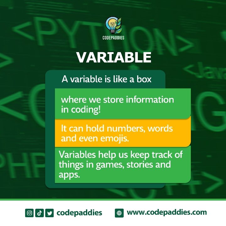 codepaddies's tweet image. Variable! 🍱➡🥪
Today, my lunch is rice.
Tomorrow, it’ll be a sandwich.
Same container, different food... That’s a variable!
In coding, a variable is just like that container - it stores information or data, and the content can change anytime.
#KidsWhoCode
#CodingIsFun