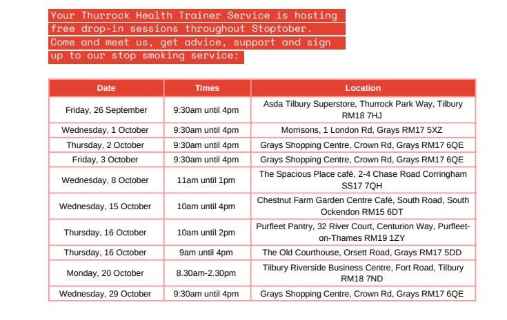 Let's do this together - Stoptober! 💪

This October, your Thurrock Health Trainer Service is hosting free drop-in sessions

Come and meet us, get advice, support and sign up to our stop smoking services

Check out the timetable to find your nearest session.