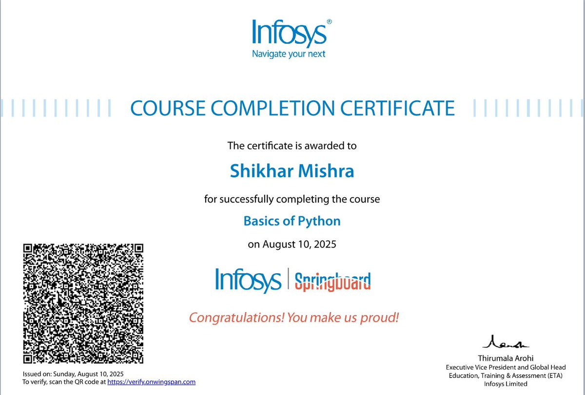 Shikhar_Mishra7's tweet image. ✨ Just completed my Python Basics Certification from Infosys Springboard! 🐍💻
Another step forward in strengthening my programming journey 🚀
Excited to apply these skills in real projects &amp;amp; keep exploring Python and beyond! 💡

#Python #Programming  #InfosysSpringboard