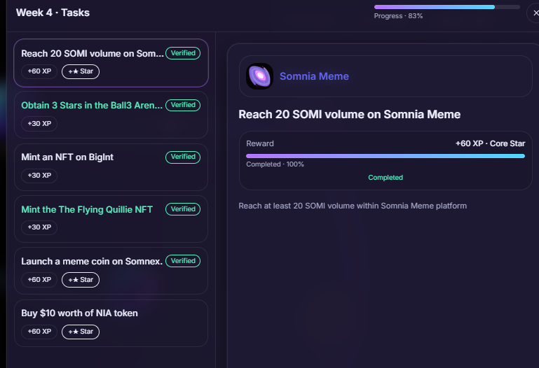 🔥Update <a href="/Somnia_Network/">Somnia</a> 
Nhiệm vụ Tuần 4 có thêm 3 nv mới
✅Task 4: Bắt buộc - mint NFT miễn phí
✅Task 5 (*): Không bắt buộc - Launch meme. Tốn phí
✅Task 6 (*): Không bắt buộc - Buy 10$ NIA. Mình làm xong rồi nhưng chưa verify được. AE verify được không?

Đây có