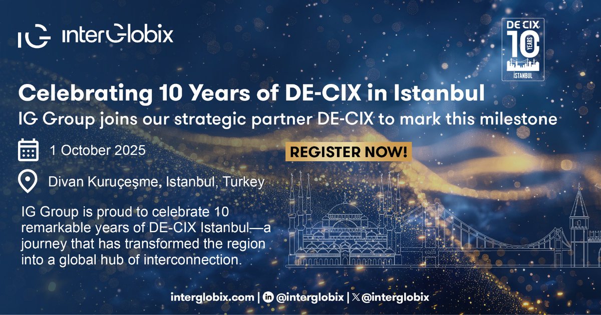 A decade of interconnection. A future of endless possibilities.

IG Group is proud to join our strategic partner DE-CIX in celebrating 10 years of DE-CIX Istanbul, a journey that has transformed the region into a global hub of digital growth and connectivity.

From enabling new