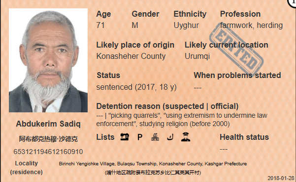 Maghrib, 19:54 at Urumqi. 

We are praying for the victims of the mass incarceration campaign in Xinjiang. 

Name:  Abdukerim Sadiq. 
Ethnicity:  #Uyghur.  
Profile:  shahit.biz/#27945