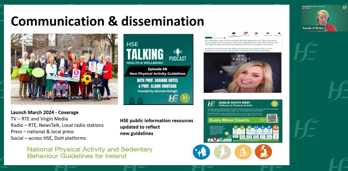 HsehealthW's tweet photo. The Every Move Counts webinar took place last week, it featured an Ministerial address from Minister Jennifer Connor, inputs from across Government Departments, @sportireland  and colleagues from HSE Healthy Eating Active Living Programme. 

The theme of this virtual event was to encourage all Healthcare Professionals to familiarise themselves with the new National Physical Activity Guidelines, with a view to adopting them and promoting them to the public. The webinar also included an update on the implementation of a national Physical Activity Pathway in Healthcare, showcasing a promotional clip for the upcoming Get Active programme soon to be delivered via HSE App and https://t.co/05A3DNHlta. You can watch it back here: https://t.co/mBYcpKp7A2 #HealthyIreland @roinnslainte #EveryMoveCounts