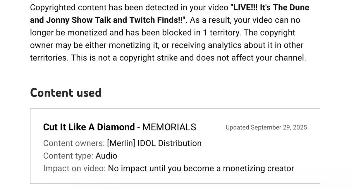 We opened the show yesterday with a tune from <a href="/memorials_music/">MEMORIALS</a> , <a href="/JonnyGators/">Jonny Gators</a> caught there show this weekend and was proudly sharing the album. And of course…we get popped by YouTube:( Great tune though, go check them out :)