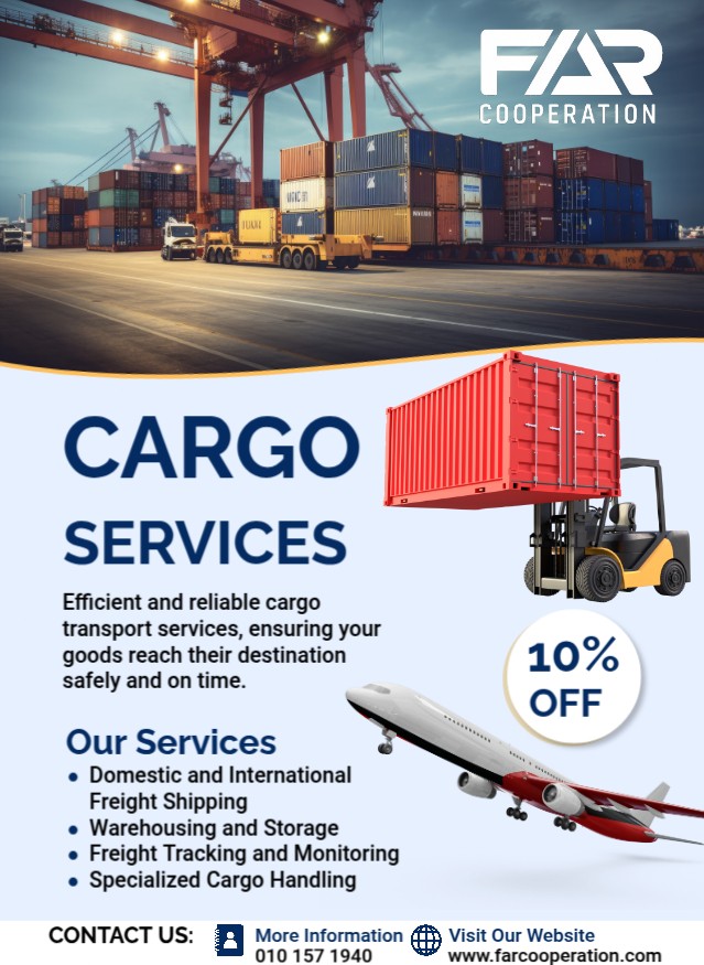 FarCooperation's tweet photo. ✈️🚢 Efficient &amp; reliable CARGO SERVICES with 10% OFF!
Ensure your goods reach safely &amp; on time.

✅ Domestic &amp; Intl Freight Shipping
✅ Warehousing &amp; Storage
✅ Freight Tracking &amp; Monitoring
✅ Specialized Cargo Handling

📞 010 157 1940 | 🌐 https://t.co/ocpG6zeku5

#Logistics https://t.co/TAgA5Ke84r