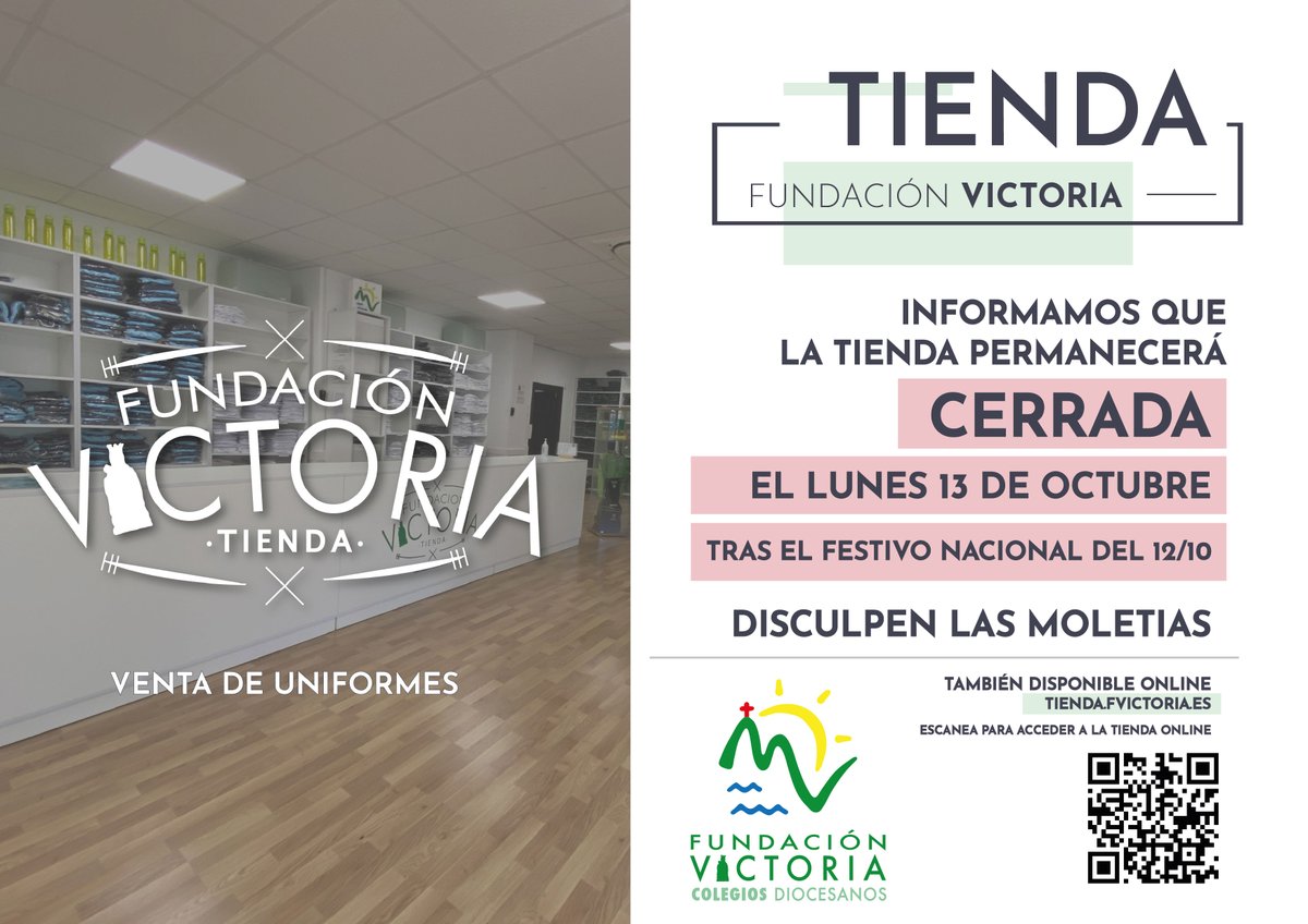 🛍️ #Hoy la Tienda Fundación Victoria permanecerá cerrada. Mañana abrirá en su horario habitual.

🔗 fvictoria.es/la-tienda-fund… 

#ColegiosDiocesanos