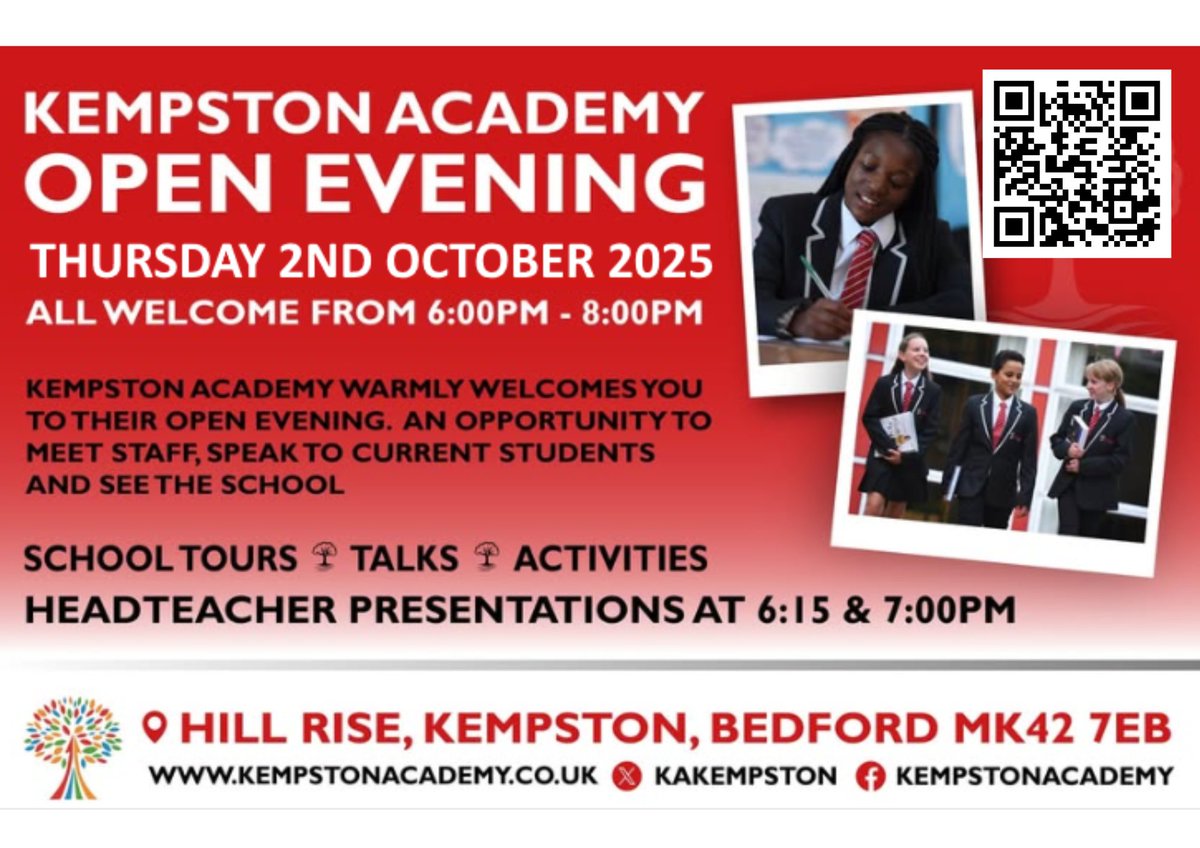 KAKempston's tweet photo. 📢 4 DAYS TO GO! 📷 Open Evening this Thursday,  2nd October from 6–8 PM! 
📷 Headteacher talks from Mr House.
📷 Taste Our Menu!
📷 A full range of subject activities and exciting displays.
📷 Take part in our interactive quiz - win a Kempston Academy hamper! https://t.co/harydiktIe