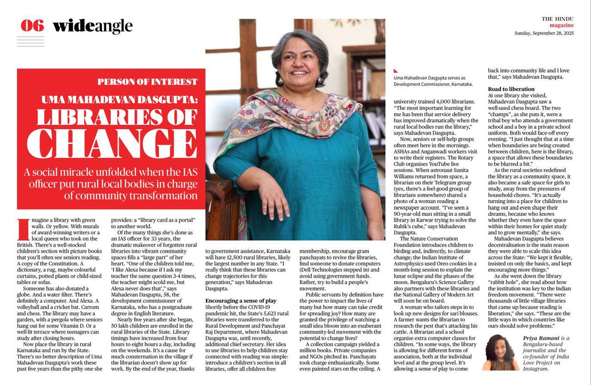 readingkafka's tweet image. The most important learning for me has been that service delivery improves dramatically when the local bodies run the libraries. 

This column by Priya Ramani brings together the many threads in the story of Karnataka’s rural library revival.