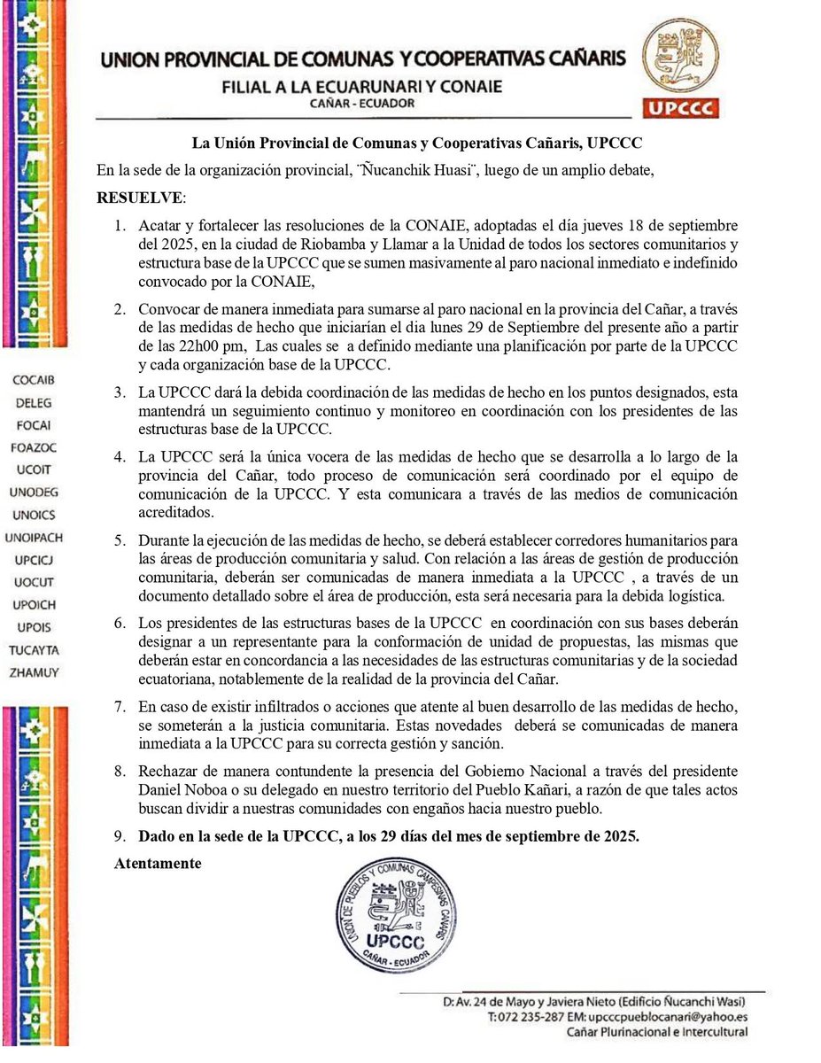 ‼️#URGENTE
La Unión Provincial de Comunas y Cooperativas Cañaris anuncia que se une al #ParoNacional, a partir de las 22:00 de este lunes 29 de septiembre.