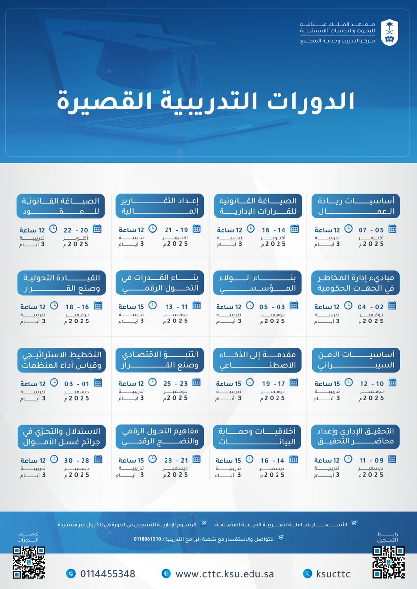 يُعلن مركز التدريب وخدمة المجتمع بـ #جامعة_الملك_سعود
عن بدء التسجيل في الدورات التدريبية القصيرة للعام 2025 -2026
للاطلاع على تفاصيل الدورات والتسجيل فضلاً زيارة الرابط المرفق :
cttc.ksu.edu.sa/ar/Course_Desc…