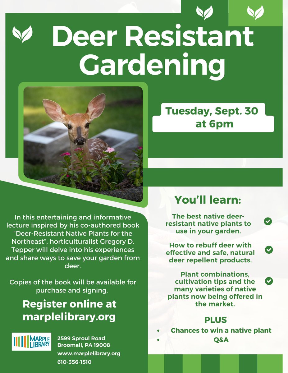 Adults, there are still a few seats available for TOMORROW’s 6pm Deer Resistant Gardening. Horticulturalist Gregory D. Tepper will delve into his experiences and share ways to save your garden from deer. Register at the Reference Desk or online at delcolibraries.libcal.com/event/15127847.