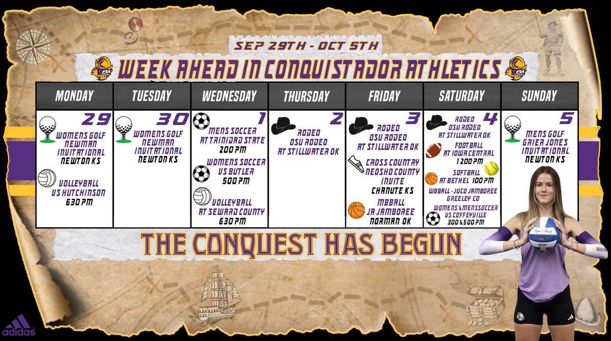 📅This week in Conq Athletics #GoConqs

We wrap up September &amp; roll into October as action continues for Conq Athletics with⚽️🏈⛳️🏐🐂🥎 👟this week

Home Games: 
🏐Volleyball - Monday, September 29th - vs Hutchinson 6:30pm
⚽️Women's Soccer - Wednesday, October 1st - vs Butler