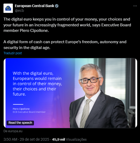 Honest version:

"The digital euro gives us total control of your money, your choices and your future in a world that will be as our central sociopaths cabal decide it should be.

A digital form of cash can protect us from your freedom, autonomy and security in the digital age."