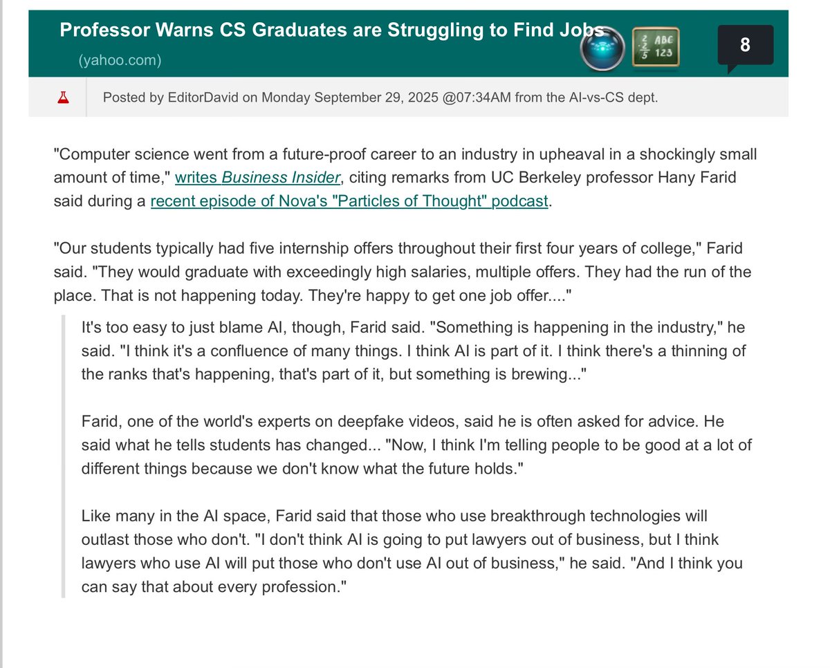 lemire's tweet image. This UC Berkeley professor is now telling his Computer Science students to « be good at a lot of different things because we don’t know what the future holds. »
We should always tell young people: learn to get good at more than one thing, as quickly as possible. It does not…
