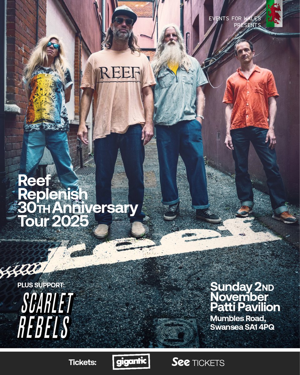 Swansea - We are super excited to announce the addition of Top 40 Welsh rockers <a href="/ScarletRebels/">Scarlet Rebels</a> as main support on our upcoming Patti Pavillion show on Nov 2nd. Last tickets from
reeftheband.com/#live