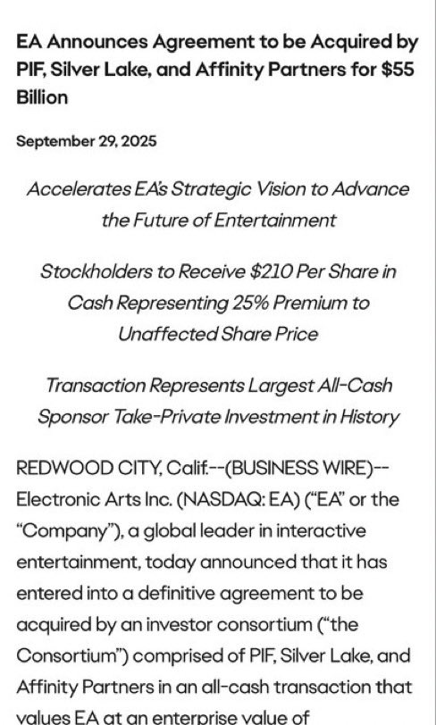 EA has announced it plans to be acquired for $55 billion by a consortium of investors led by Public Investment Fund of Saudi Arabia.