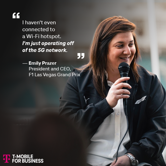SamIamTHA's tweet photo. What does real network trust look like? Emily Prazer (President and CEO) ran the Las Vegas Grand Prix without connecting to Wi-Fi—just T-Mobile’s 5G. That kind of confidence comes from proven performance, Ready to bring that to your ops? https://t.co/SKbG6YjLRi