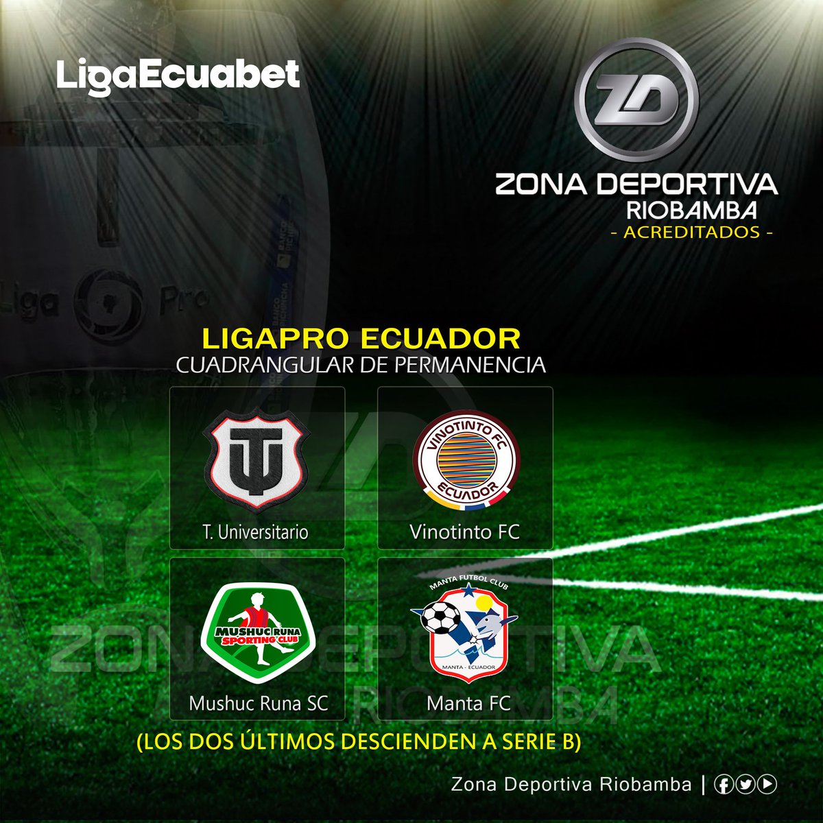 roldan_jimmy's tweet image. #LigaProEcuador
¡𝙋𝙊𝙍 𝙇𝘼 𝙋𝙀𝙍𝙈𝘼𝙉𝙀𝙉𝘾𝙄𝘼!

En esta fase, cuatro equipos se enfrentarán en un #CuadrangularFinal por la permanencia en la #SerieA. Del 19/10 al 30/11.

☑ Los equipos, son:

#TUniversitario
#VinotintoFC
#MushucRunaSC
#MantaFC

Informa: #JimmyRoldán
