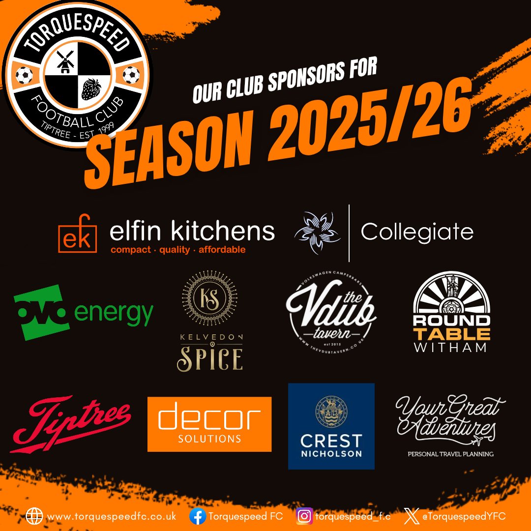 TorquespeedYFC's tweet image. 🚀⚽ SEASON 25/26 IS HERE! ⚽🚀

Huge love to our sponsors powering Torquespeed FC 🧡🖤🧡

You’re more than sponsors — you’re FAMILY. 

Every team sponsored and still growing.

#TorquespeedFC #25_26Season #onward