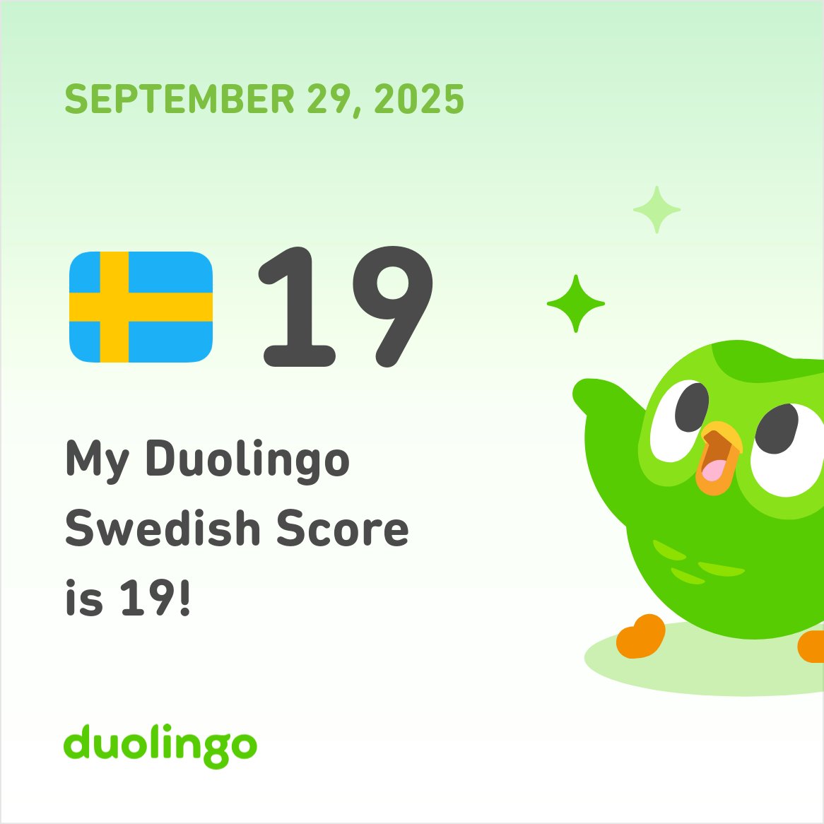 chitraaang's tweet photo. My Duolingo Swedish Score is 19! https://t.co/mbOU8iBXFJ