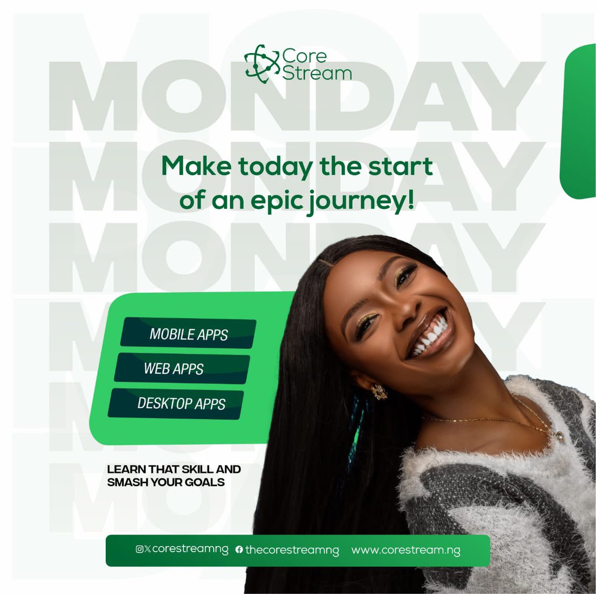 corestreamng's tweet image. Hello Monday❕

A new week brings a fresh start and new opportunities. 

Remember to learn, connect, collaborate and crush your goals for the week. 

🥂 to a lovely week.