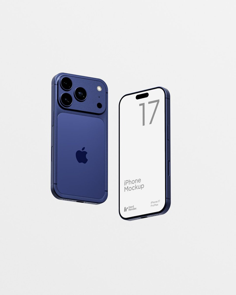 HardRender's tweet photo. Here’s the full iPhone 17 Pro Max mockup drop. Perfect for app UI, SaaS landing page, or product shots. Which one would you use first? Dark Blue / Orange / White https://t.co/vRE2vS7I2X