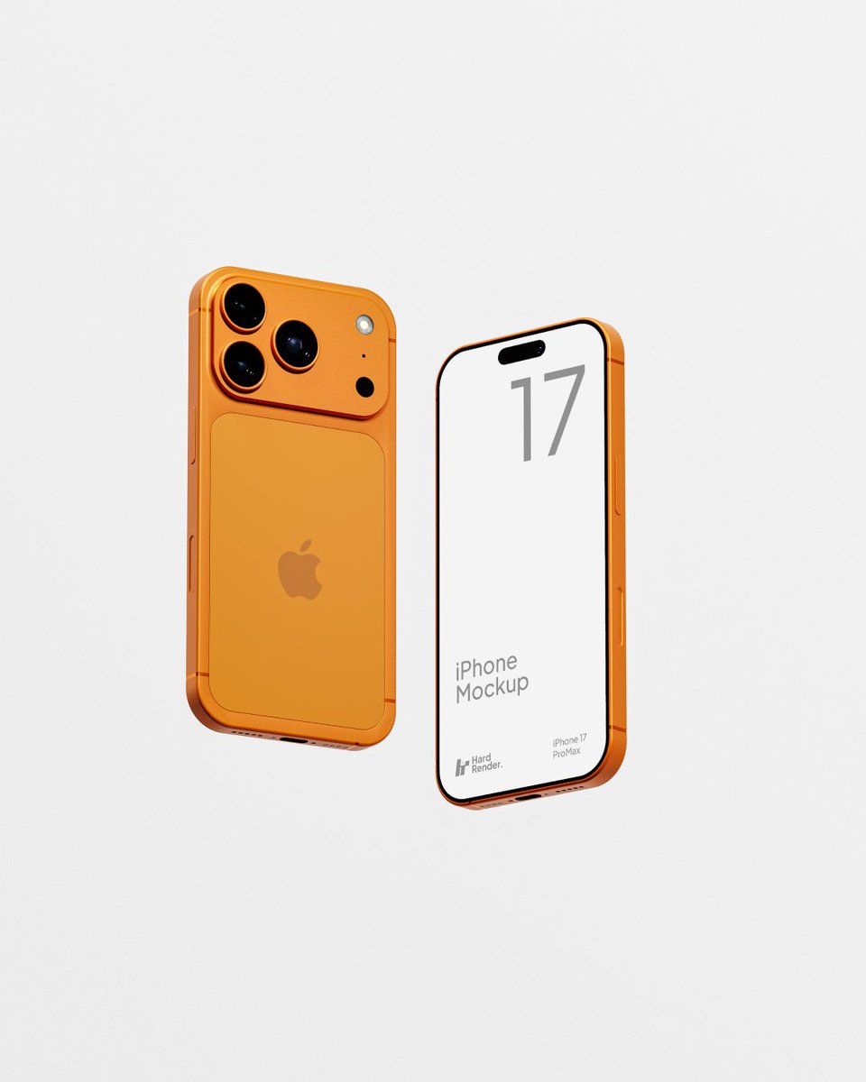 HardRender's tweet photo. Here’s the full iPhone 17 Pro Max mockup drop. Perfect for app UI, SaaS landing page, or product shots. Which one would you use first? Dark Blue / Orange / White https://t.co/vRE2vS7I2X