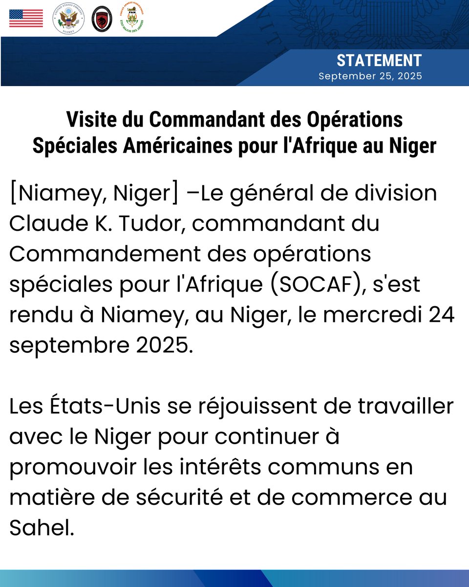 🌍🇺🇸🇳🇪 Major General Claude K. Tudor, Commander of U.S. Special Operations Command Africa, visited Niamey on September 24.

The United States looks forward to working with Niger to strengthen our partnership, advance shared security, and support commercial opportunities for a
