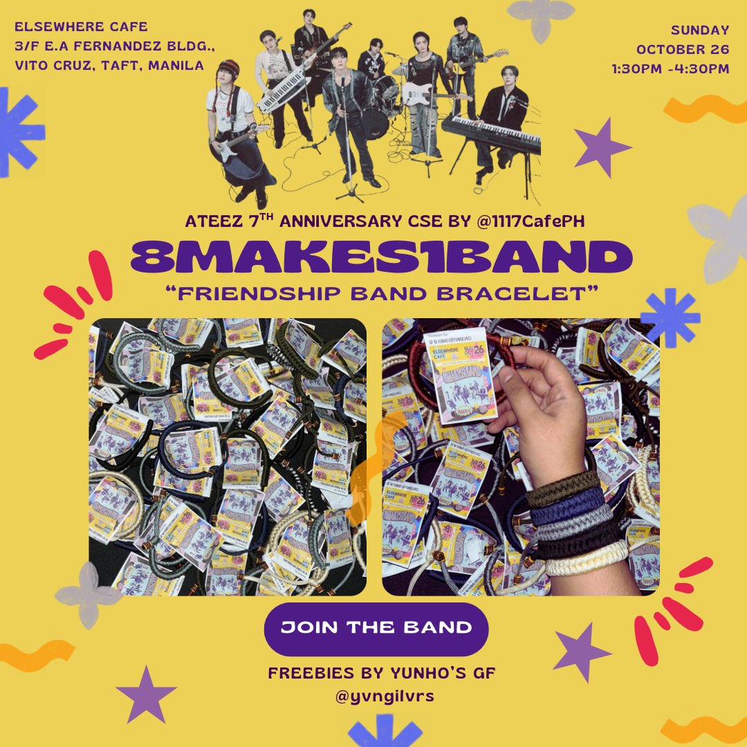 “1 friendship bracelet? Nope… make it 2!”

Hi Filotiny! I’ll be giving these on Oct 26🫶🏻Let’s wear them together and make memories like ATEEZ! 🎶

🌟 1:1 only
🤝 Open for trades
💌 Recruit someone to join our band by liking &amp; RT!

See u, mga ka-bandmates~ 🎸

#VOL7_8MAKES1BAND