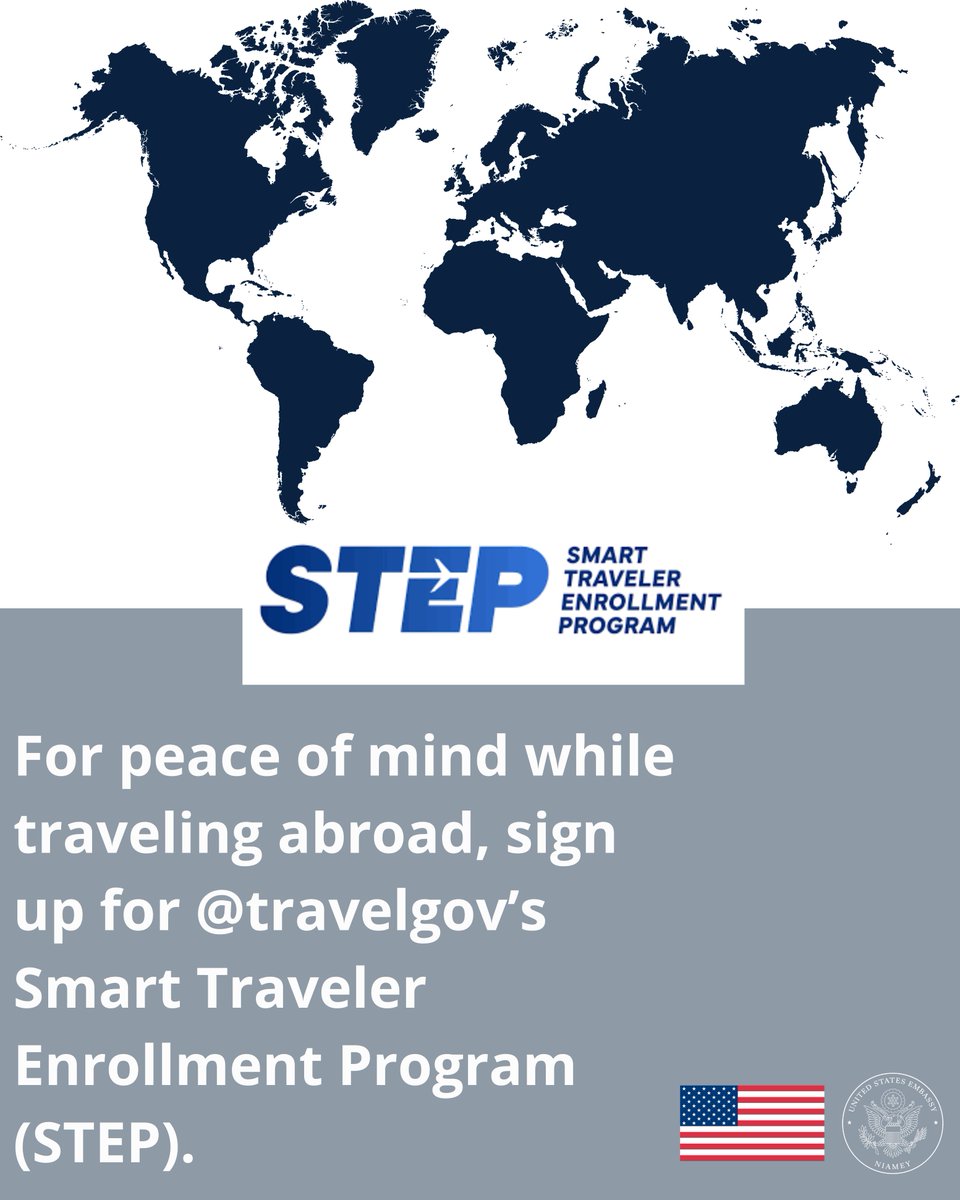 ✈️ U.S. citizens: For peace of mind while traveling abroad, enroll in the Smart Traveler Enrollment Program (STEP) at step.state.gov.

STEP helps the nearest U.S. embassy contact you in case of an emergency and keeps you informed with important safety updates.

Stay