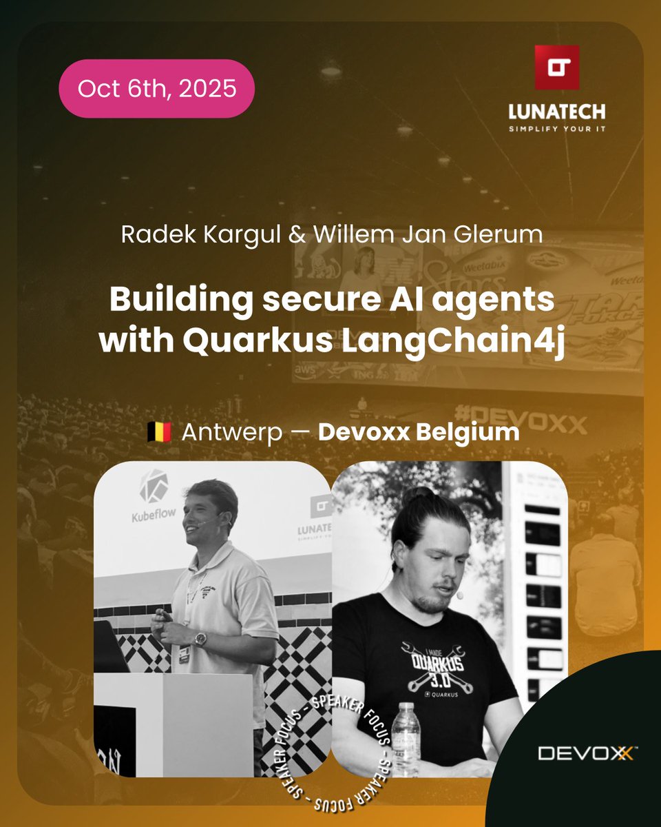 🚀Meet our speakers, <a href="/wjglerum/">Willem Jan Glerum</a> and Radek Kargul at <a href="/Devoxx/">Devoxx</a> Belgium! 

On October 6, they’ll run a hands-on workshop:
“Building Secure AI Agents with Quarkus LangChain4j”

📅 6 October |📍 Kinepolis, Antwerp, Belgium

🎯 Don’t miss it if you’re attending Devoxx Belgium!