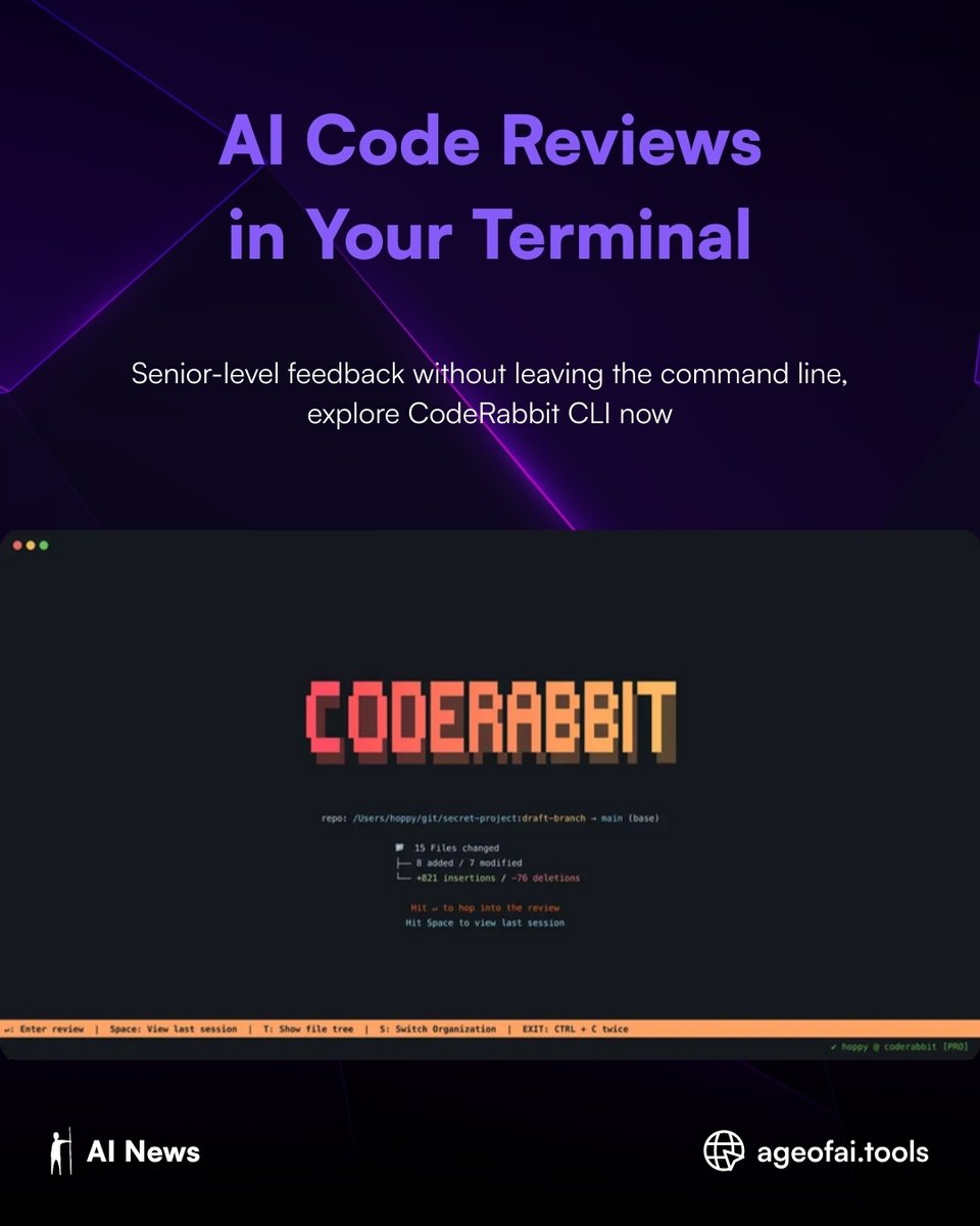 ageofaitools's tweet image. 🔥 CodeRabbit CLI: AI code reviews without leaving your terminal! Get senior-level feedback on staged/unstaged commits instantly. One-click fixes, works with Claude Code &amp;amp; Cursor CLI. Free tier available! 💻✨ #CodeRabbit #CLI #AICodeReview #DeveloperTools