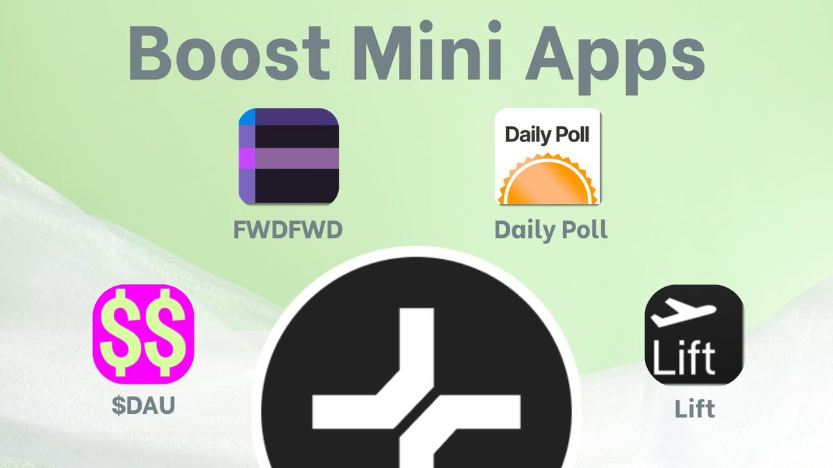 The Boost Mini Apps🆕: 

🟣 Farcaster

⬩ $DAU – Earn by using mini apps
⬩ FWDFWD – Earn by engaging with posts
⬩ Daily Poll – Earn by voting/creating polls

🌍 World App

⬩ Lift – Earn by exploring mini apps