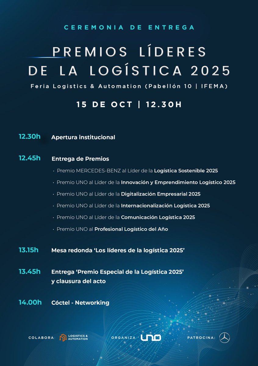 UNOlogistica's tweet photo. 🏆Entrega de los Premios Nacionales a los Líderes de la Logística 2025 | 🗓️15 OCT | 📍 IFEMA

La patronal #UNO vuelve a reconocer las mejores prácticas de los players de la #logística y el #transporte en el marco de @LogisticsSpain

ASISTE A LA CEREMONIA➡️ https://t.co/JMmBm16dJd https://t.co/QOnLmyqXsj