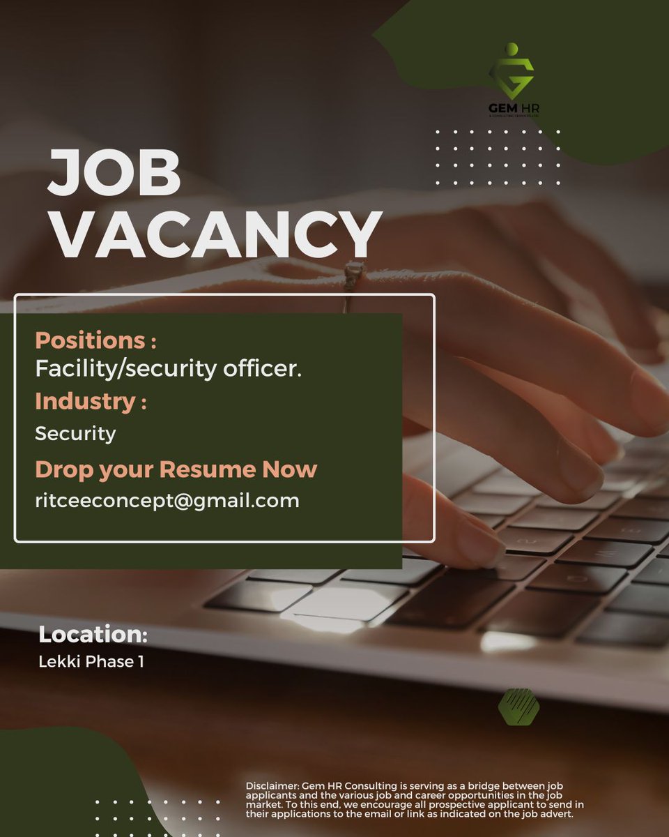 gem_hr's tweet image. 🔥Urgent Hiring: Facility/security officer!🌟Lead and impact the Security Industry! Location: Lekki, Phase 1.💌APPLY: ritceeconcept@gmail.com⏳Act fast—this opportunity won't last! 👥 Know someone ideal? Tag them! #facilitymanagement #facilitymaintenance #securityofficer