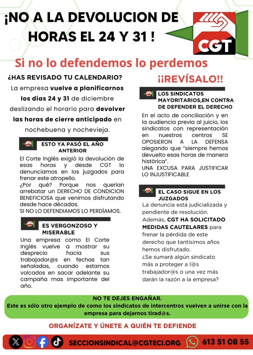 En Nochebuena y Nochevieja cerramos antes para estar con quienes queremos 👨‍👨‍👧‍👦.
No es un “favor” de la empresa, es un derecho ganado.
El año pasado lo defendimos, y este también lo haremos.
✊ #CGT #DerechosLaborales #NoALaDevolución #CGT